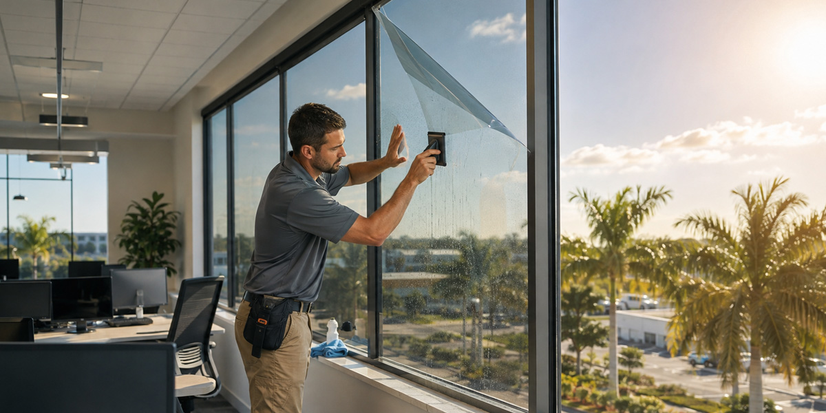 Professional installing commercial window tint in a sunny New Port Richey office