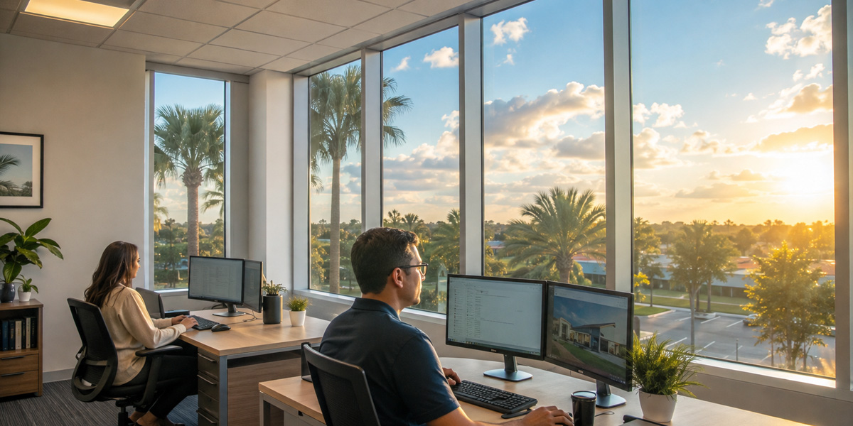 Employees working comfortably beside tinted office windows during the afternoon in New Port Richey