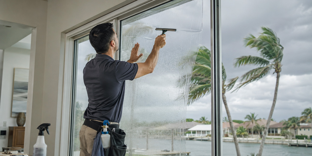 Professional installing security window film on a New Port Richey home before a Florida storm