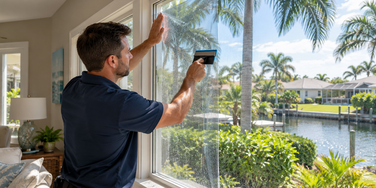 Installer applying transparent window film to a living room window overlooking a Florida yard